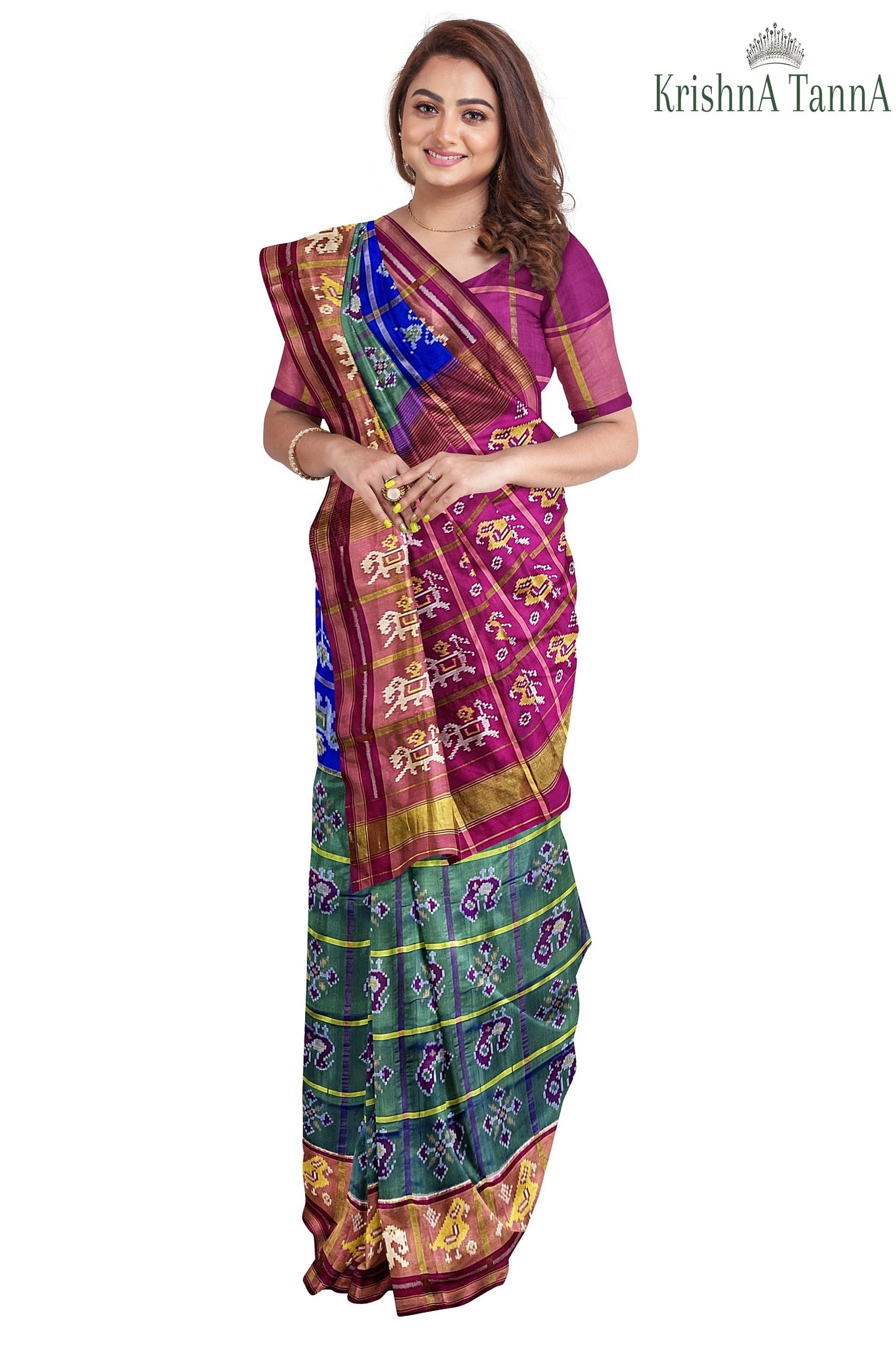 Krishna Tanna Hand Woven Rajkot Patola Pure Silk Three Shades Zari Checks Saree