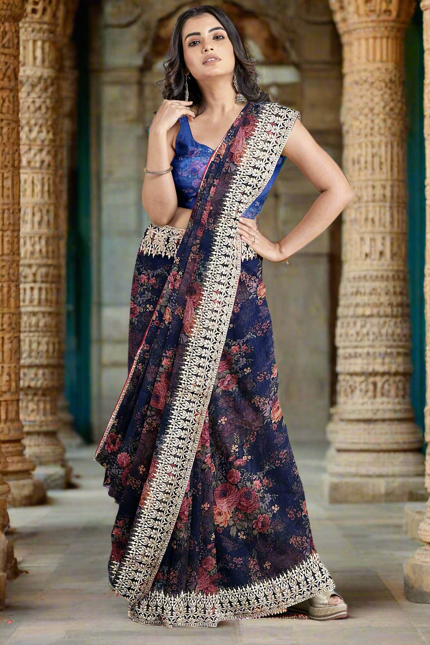 Krishna Tanna Floral Prints with Sequins Saree with knitted embroidery on organza tissue