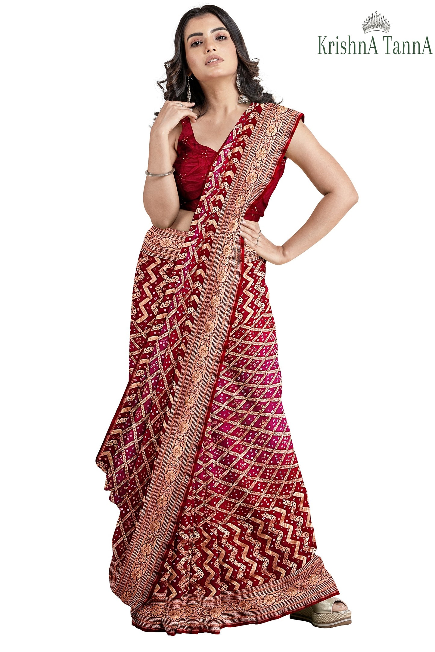 Krishna Tanna Hand Weaved Georgette Zari Jungla Bandhani - Tie & Dye Saree