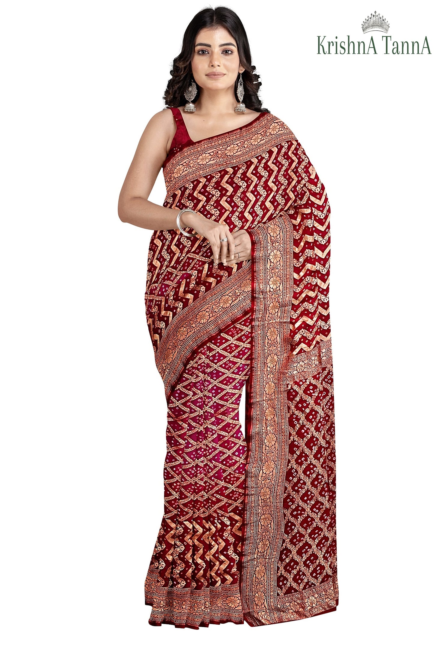 Krishna Tanna Hand Weaved Georgette Zari Jungla Bandhani - Tie & Dye Saree
