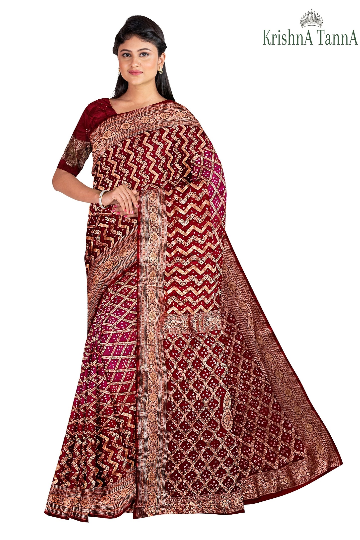 Krishna Tanna Hand Weaved Georgette Zari Jungla Bandhani - Tie & Dye Saree
