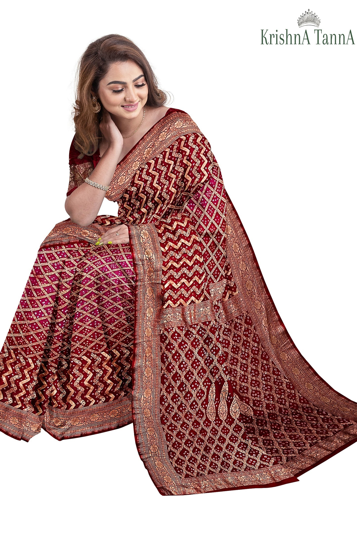 Krishna Tanna Hand Weaved Georgette Zari Jungla Bandhani - Tie & Dye Saree