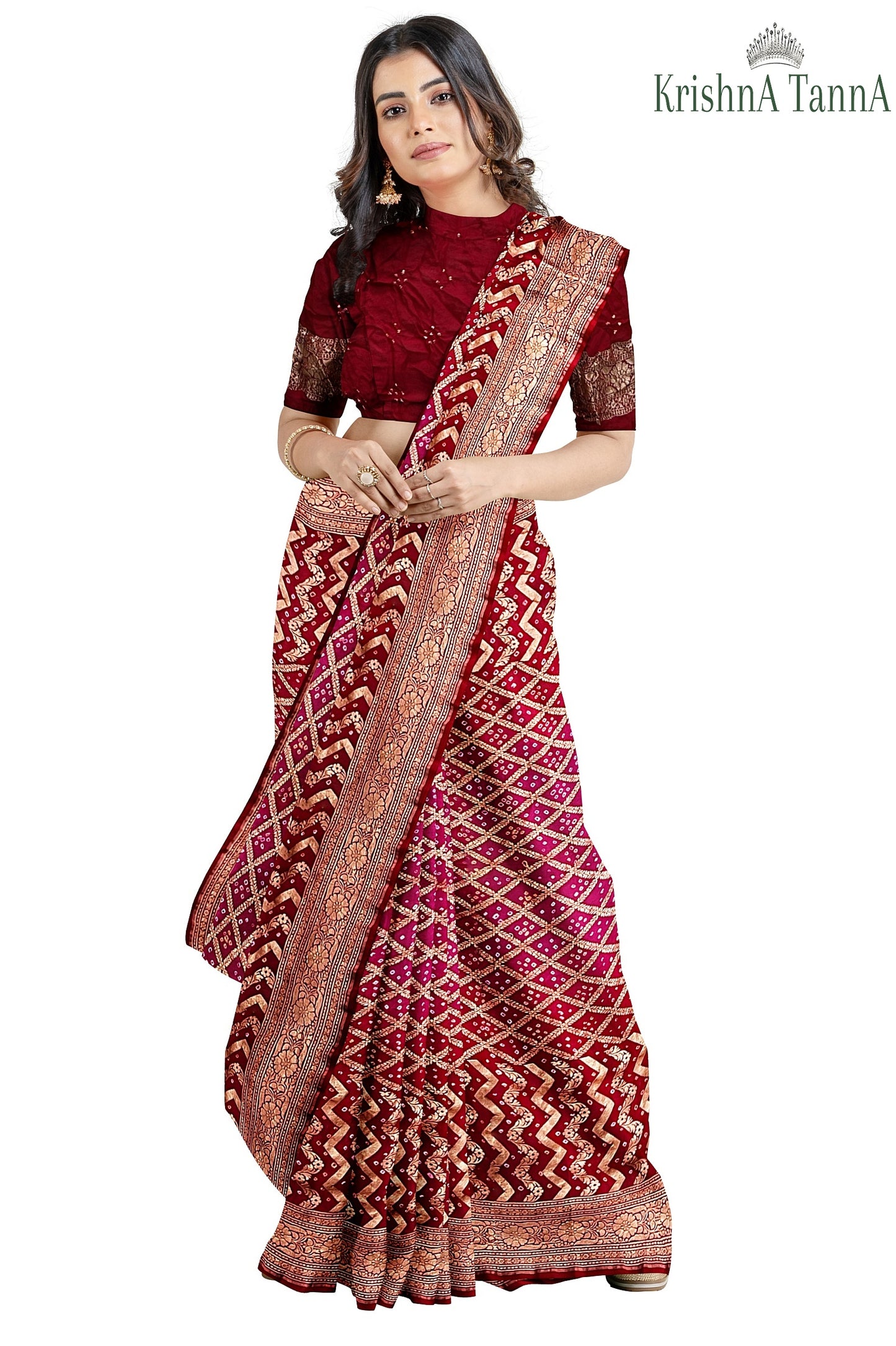 Krishna Tanna Hand Weaved Georgette Zari Jungla Bandhani - Tie & Dye Saree