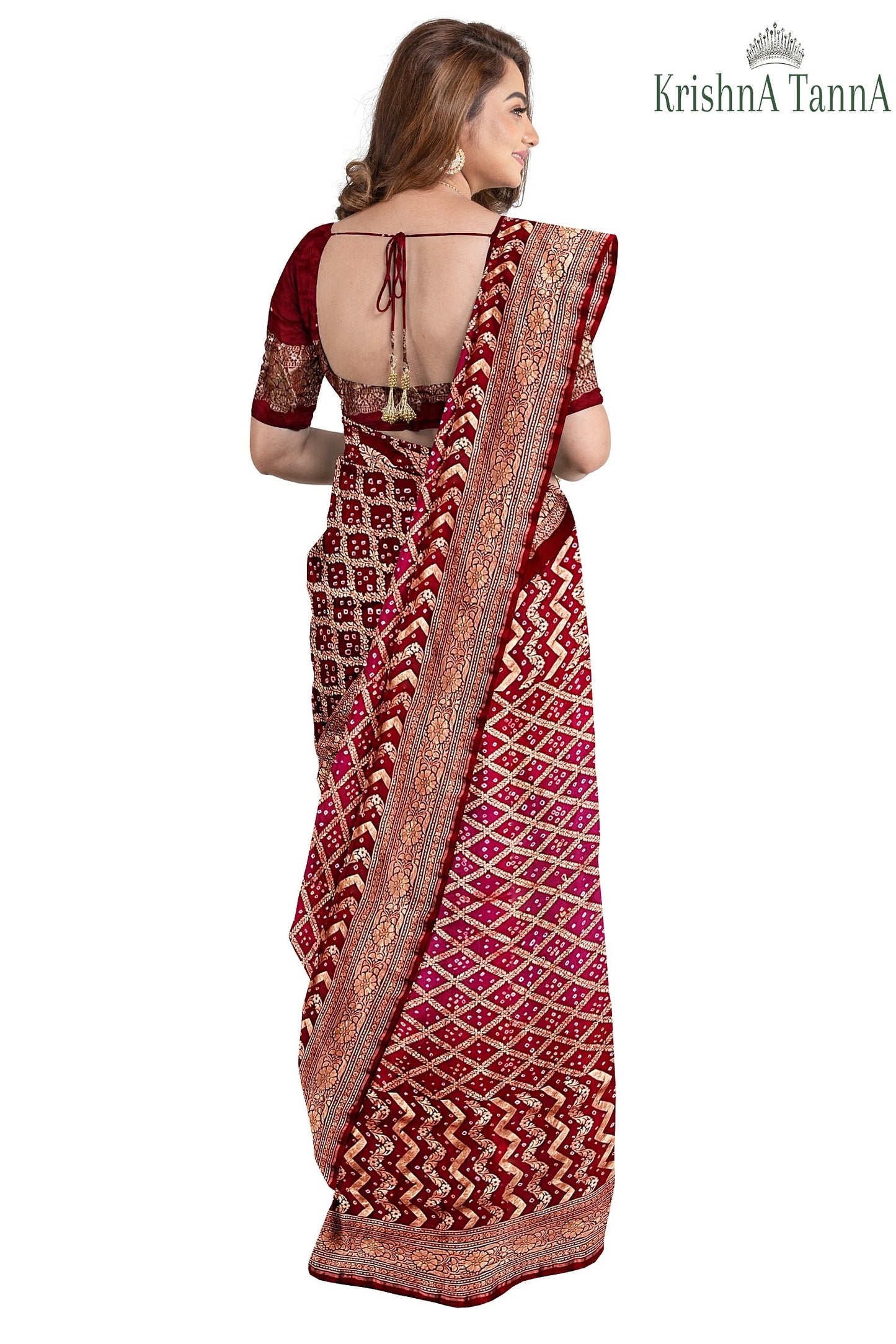 Krishna Tanna Hand Weaved Georgette Zari Jungla Bandhani - Tie & Dye Saree