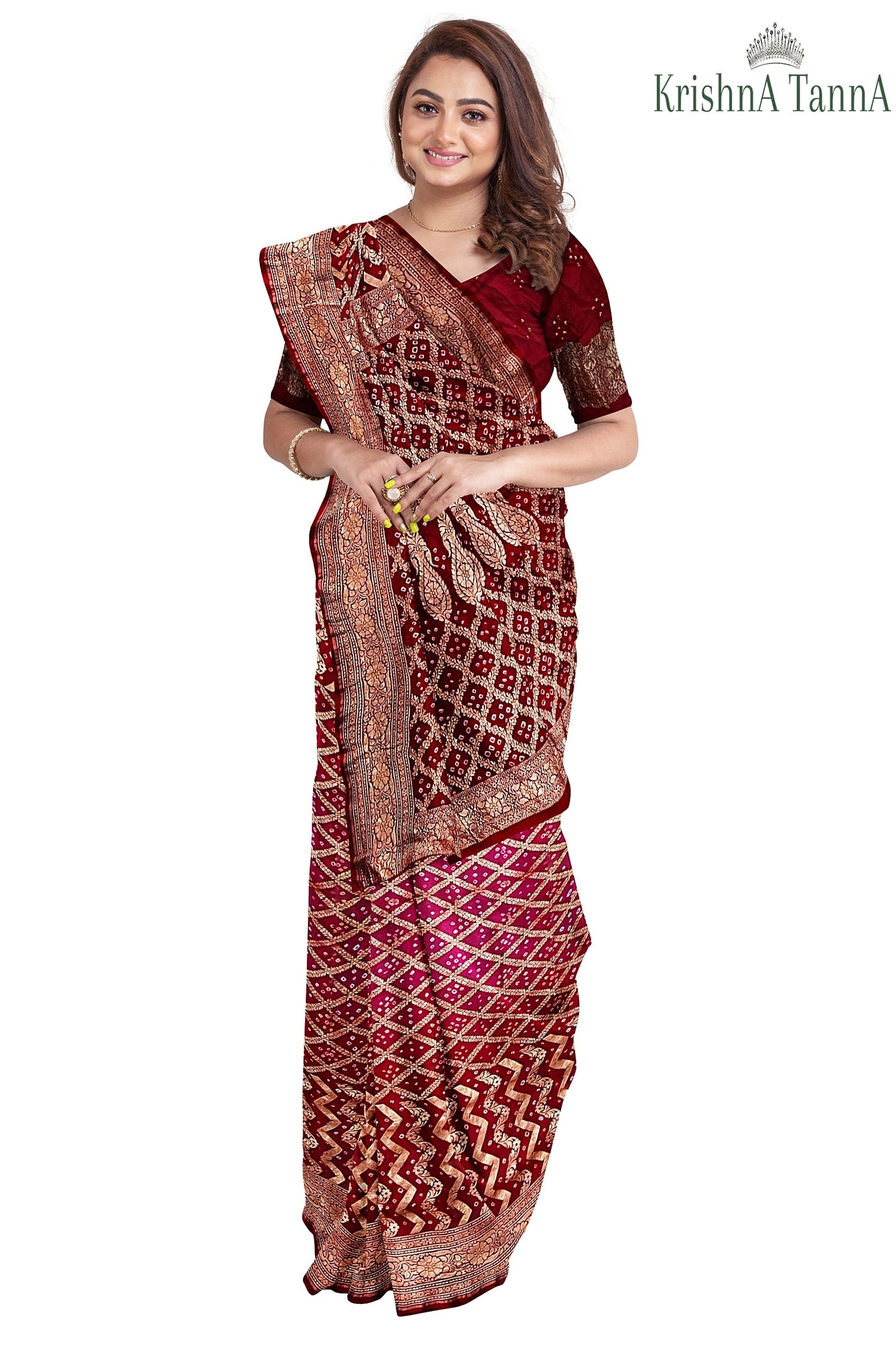 Krishna Tanna Hand Weaved Georgette Zari Jungla Bandhani - Tie & Dye Saree