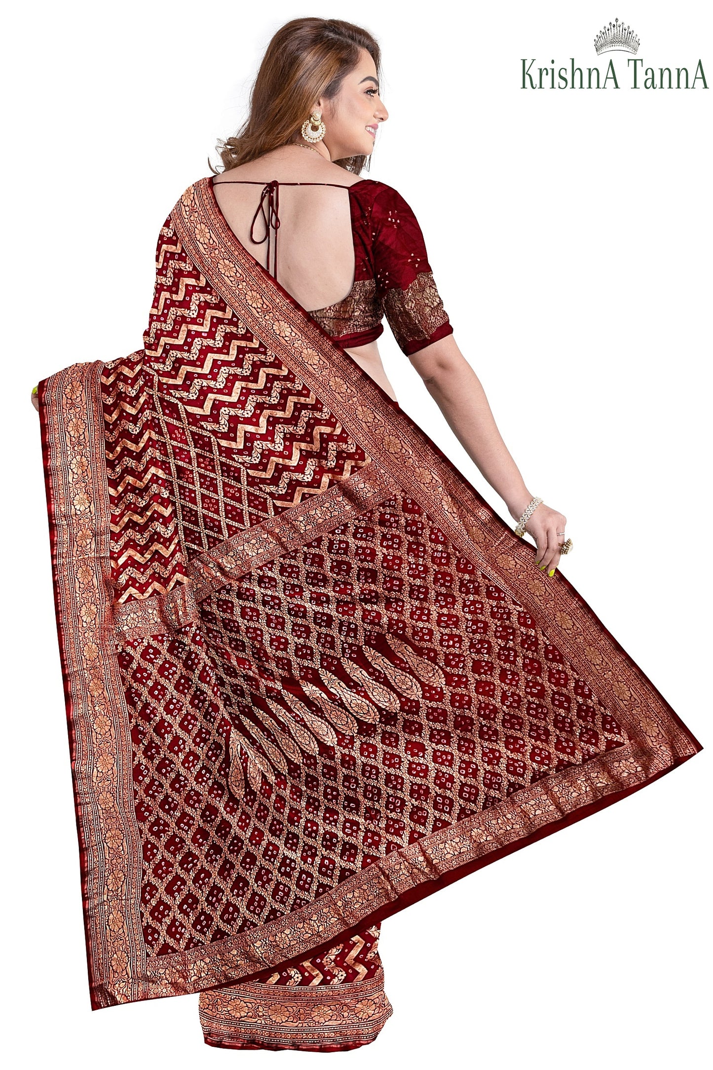 Krishna Tanna Hand Weaved Georgette Zari Jungla Bandhani - Tie & Dye Saree