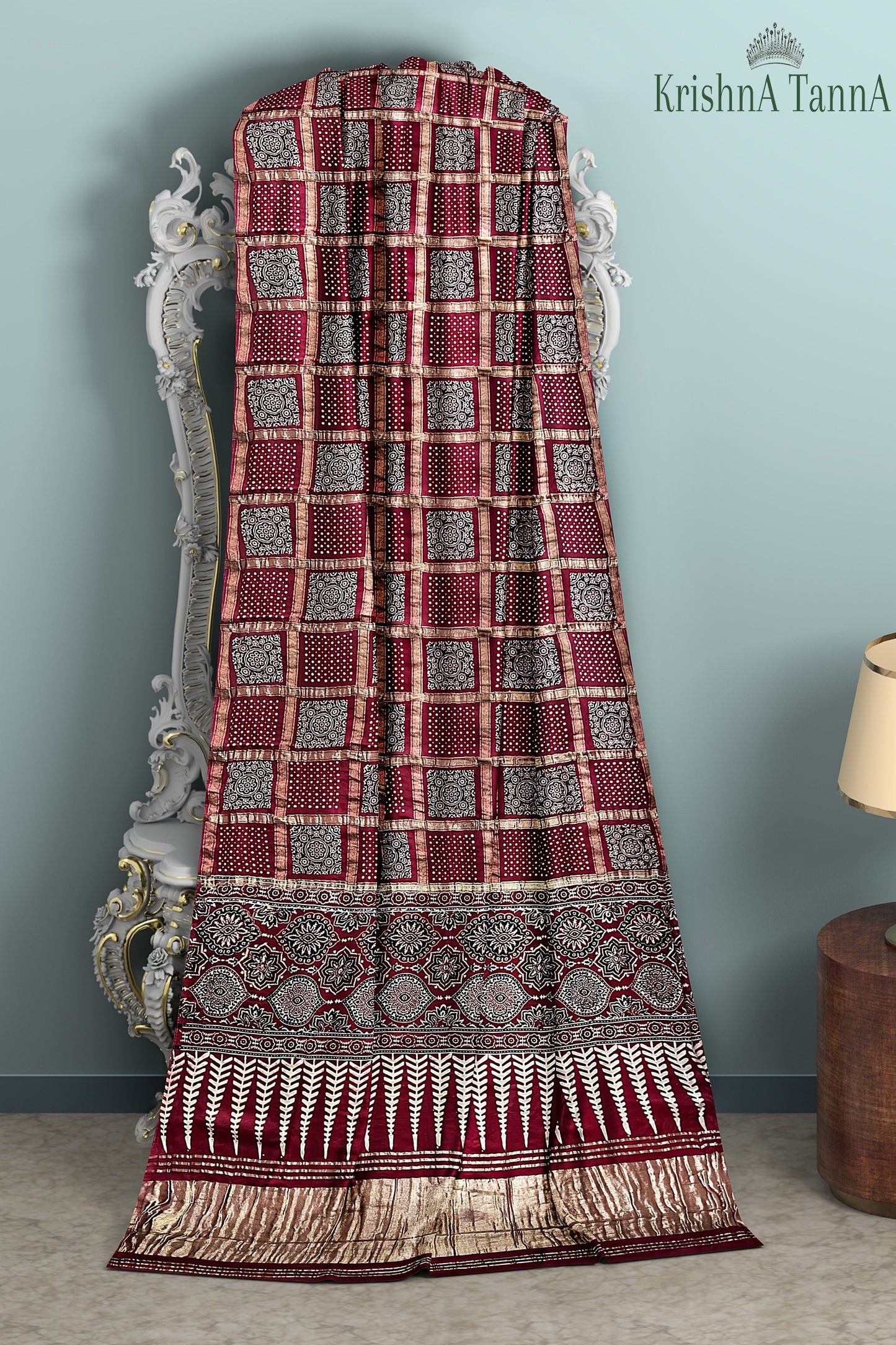 Krishna Tanna Hand Weaved Ajrakh Gharchoda Block Print Silk Saree