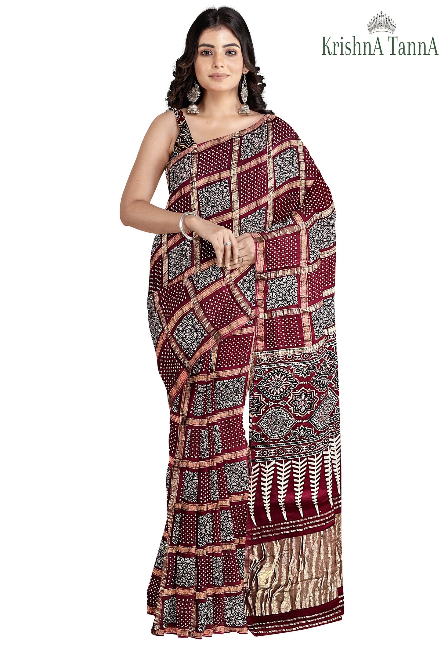 Krishna Tanna Hand Weaved Ajrakh Gharchoda Block Print Silk Saree