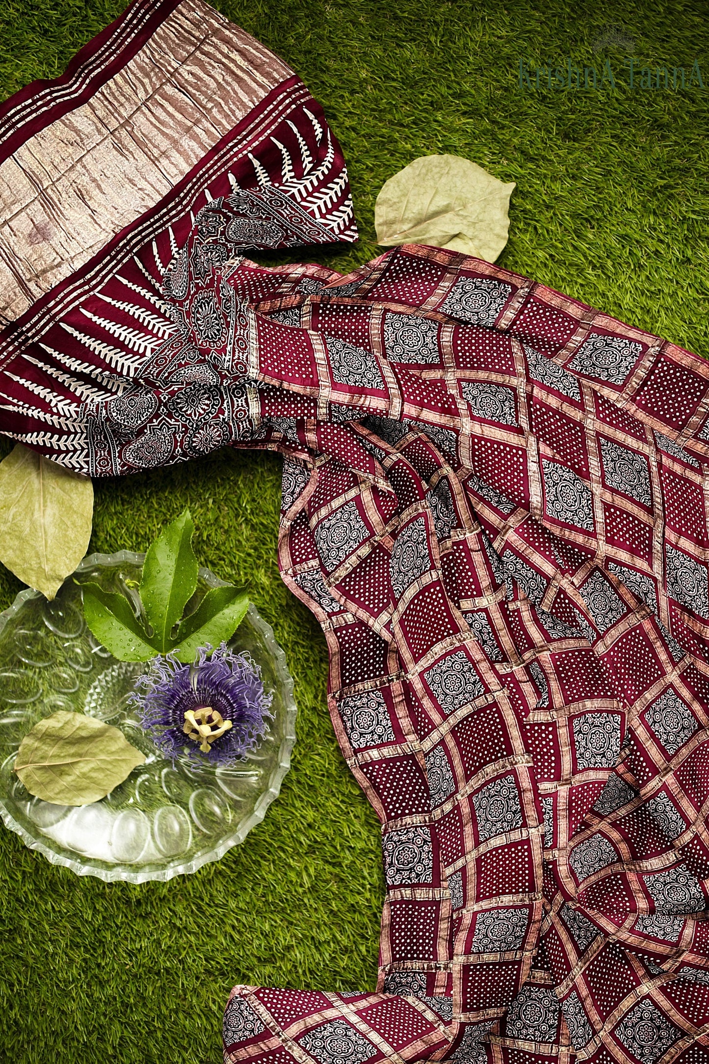Krishna Tanna Hand Weaved Ajrakh Gharchoda Block Print Silk Saree