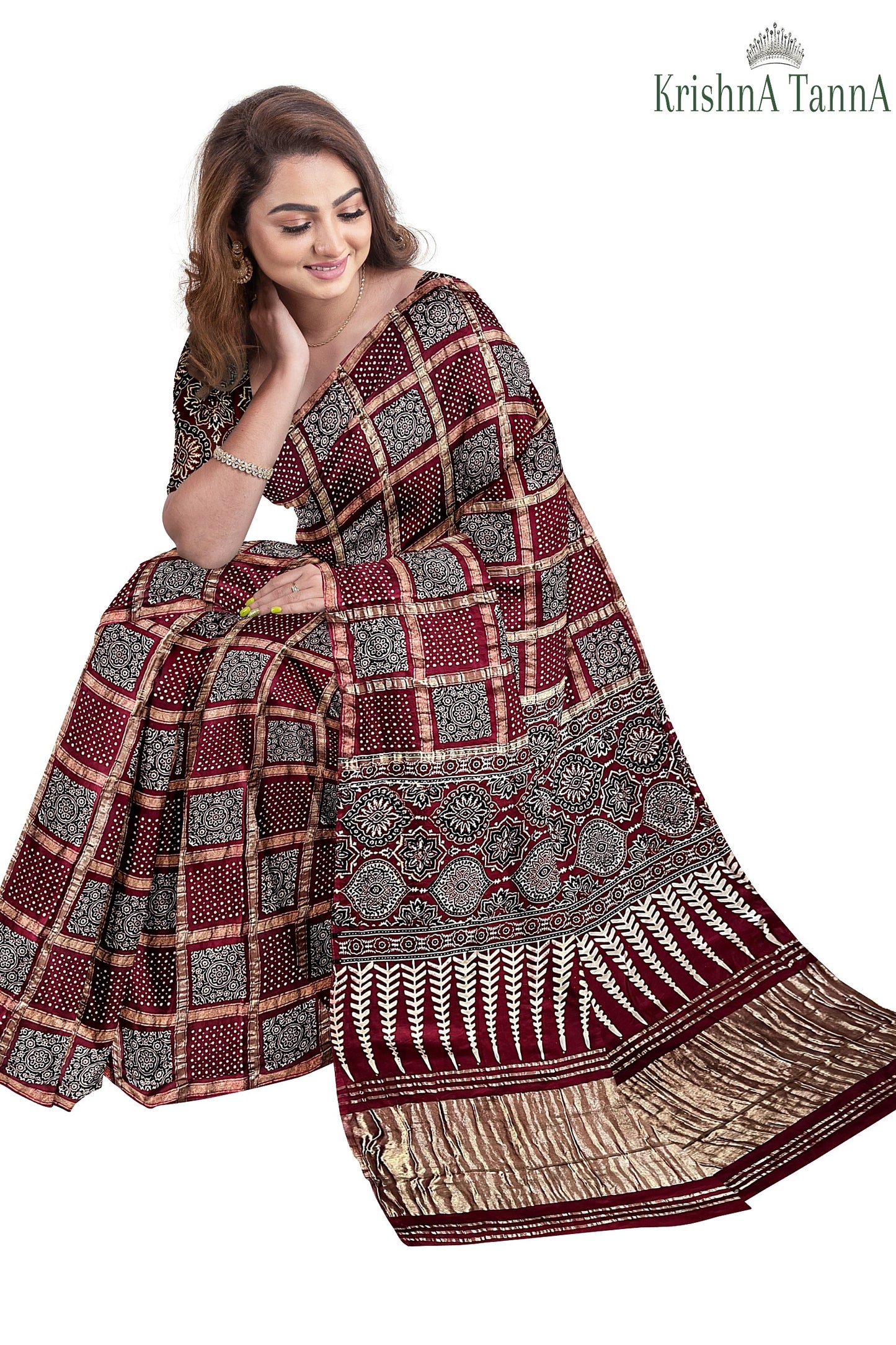 Krishna Tanna Hand Weaved Ajrakh Gharchoda Block Print Silk Saree