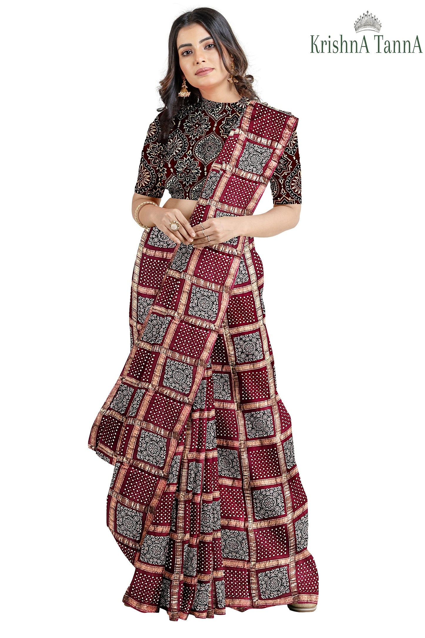 Krishna Tanna Hand Weaved Ajrakh Gharchoda Block Print Silk Saree