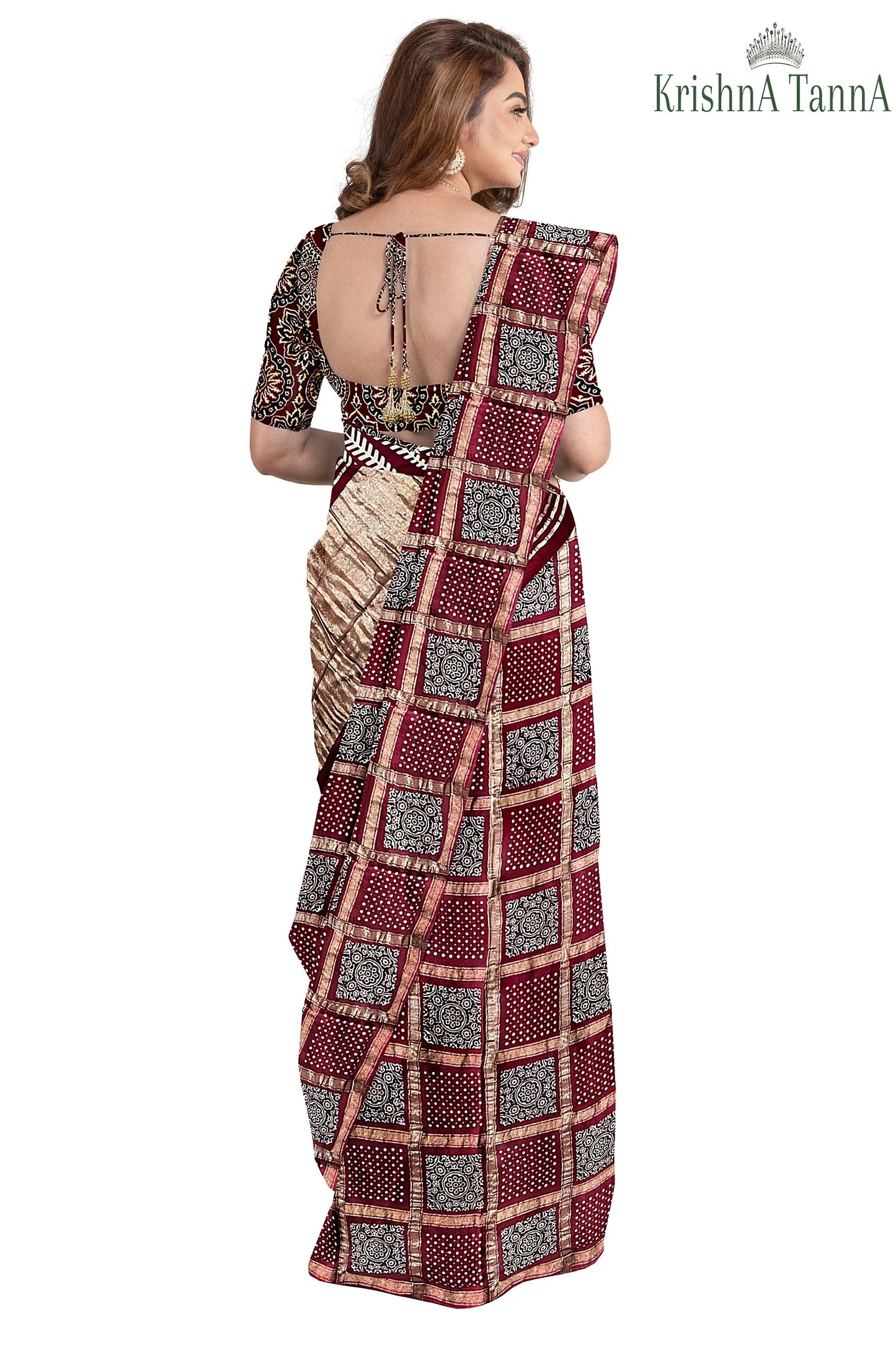 Krishna Tanna Hand Weaved Ajrakh Gharchoda Block Print Silk Saree
