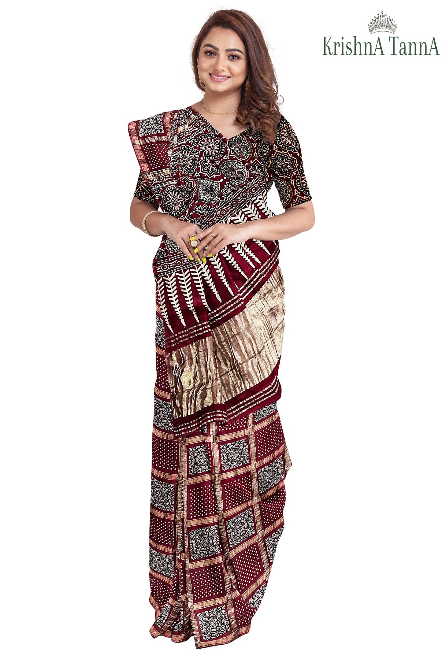 Krishna Tanna Hand Weaved Ajrakh Gharchoda Block Print Silk Saree