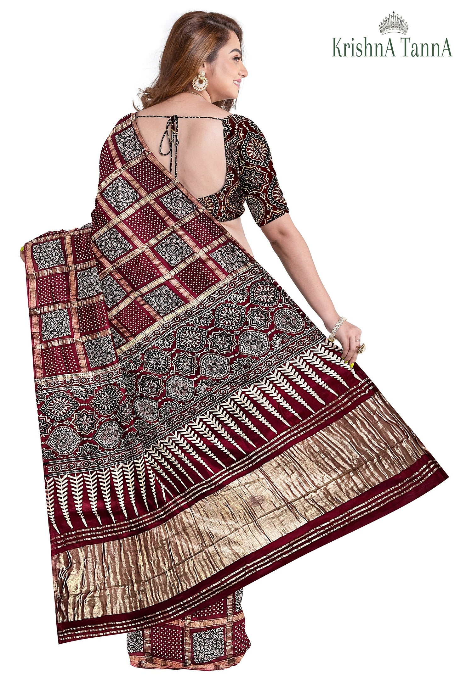 Krishna Tanna Hand Weaved Ajrakh Gharchoda Block Print Silk Saree