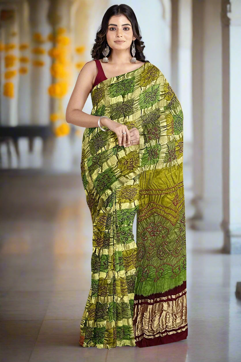 Krishna Tanna Hand Weaved Gajji Silk Multi Gharchoda Bandhani - Tie & Dye Saree