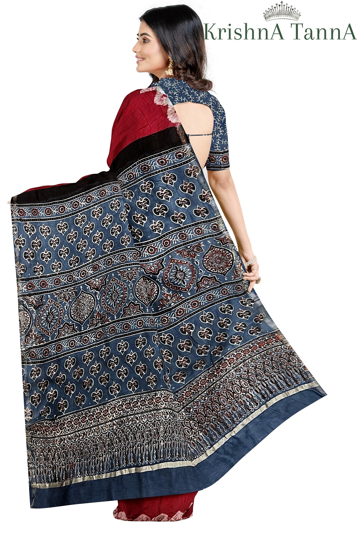 Krishna Tanna Organic Colour Hand Block Printed Cotton Ajrakh Saree