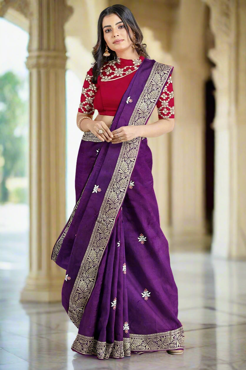 Krishna Tanna knitted Gota work Saree with knitted embroidery on Monga Chittapati - Purple