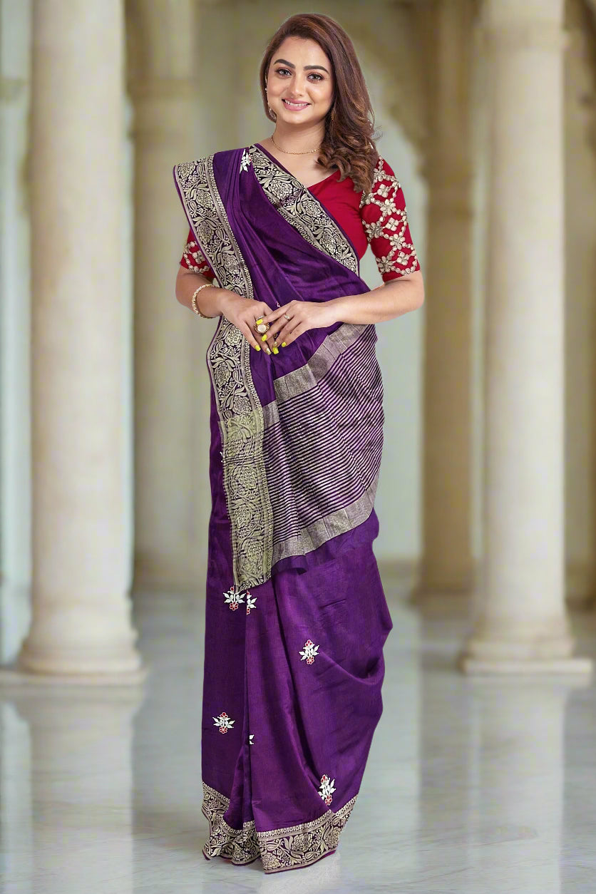 Krishna Tanna knitted Gota work Saree with knitted embroidery on Monga Chittapati - Purple