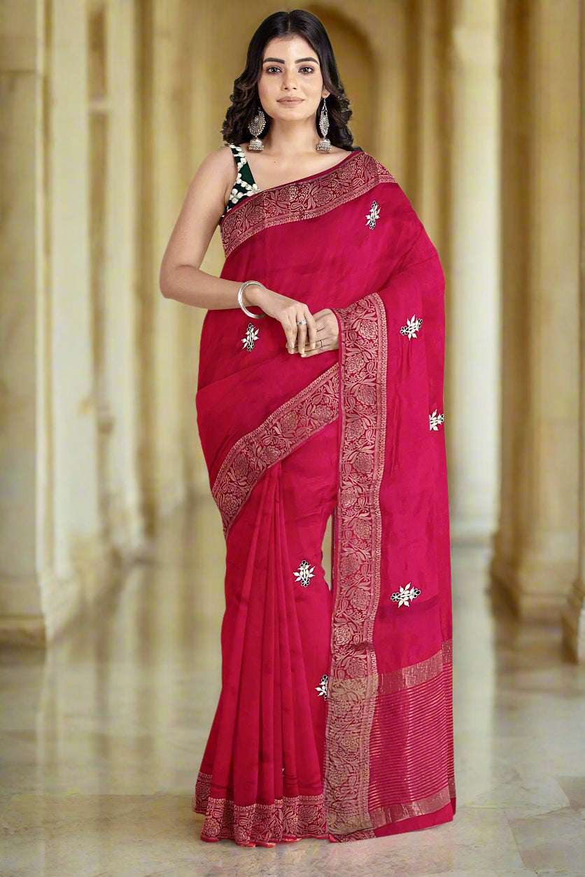 Krishna Tanna knitted Gota work Saree with knitted embroidery on Monga Chittapati - Red