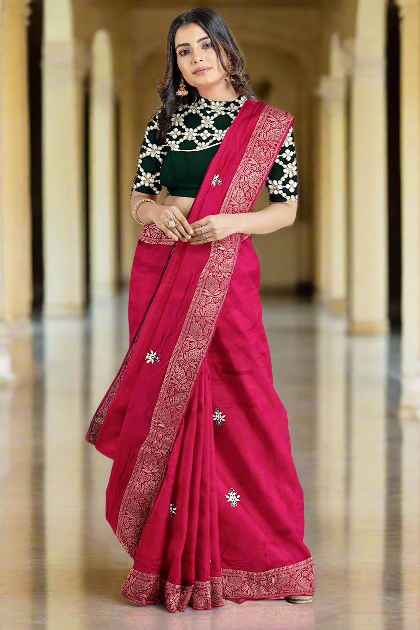 Krishna Tanna knitted Gota work Saree with knitted embroidery on Monga Chittapati - Red