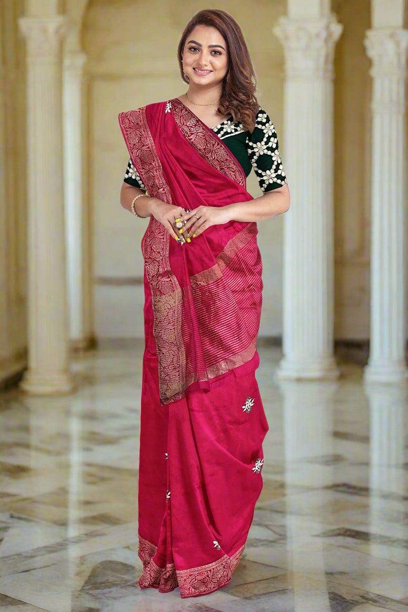 Krishna Tanna knitted Gota work Saree with knitted embroidery on Monga Chittapati - Red