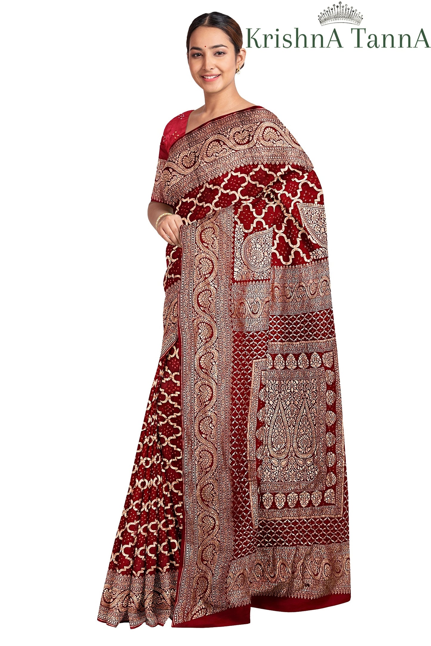 Krishna Tanna Hand Weaved Pure Georgette Nim Zari Jungla Bandhani - Tie & Dye Saree
