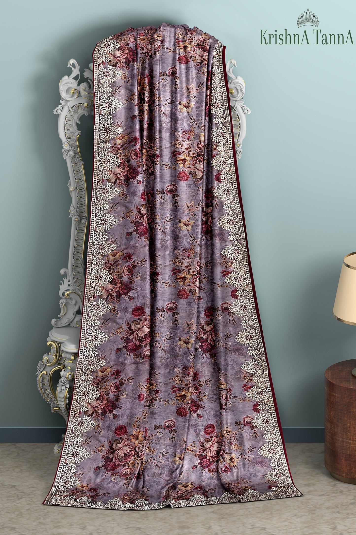 Krishna Tanna Floral Prints Saree with knitted floral embroidery on organza tissue - Purple