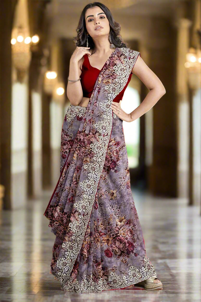 Krishna Tanna Floral Prints Saree with knitted floral embroidery on organza tissue - Purple