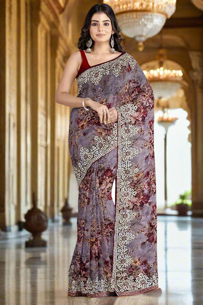 Krishna Tanna Floral Prints Saree with knitted floral embroidery on organza tissue - Purple