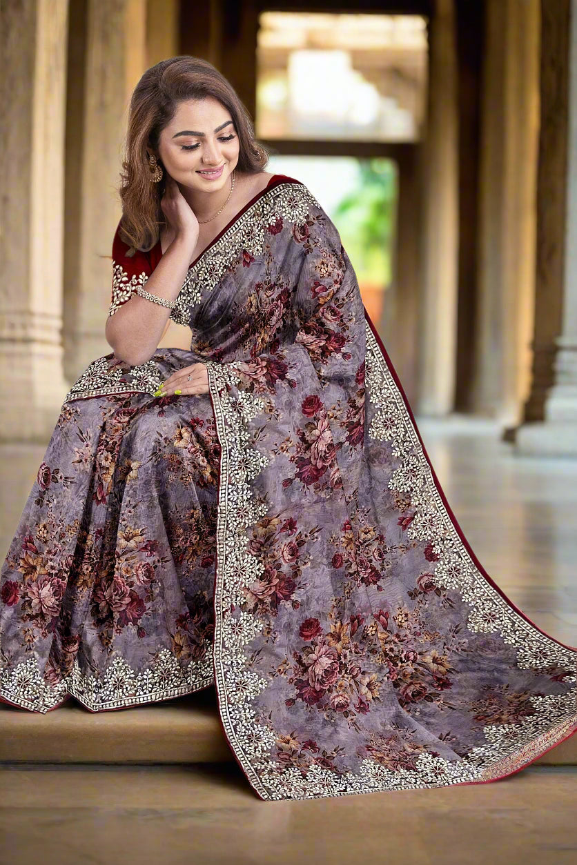 Krishna Tanna Floral Prints Saree with knitted floral embroidery on organza tissue - Purple