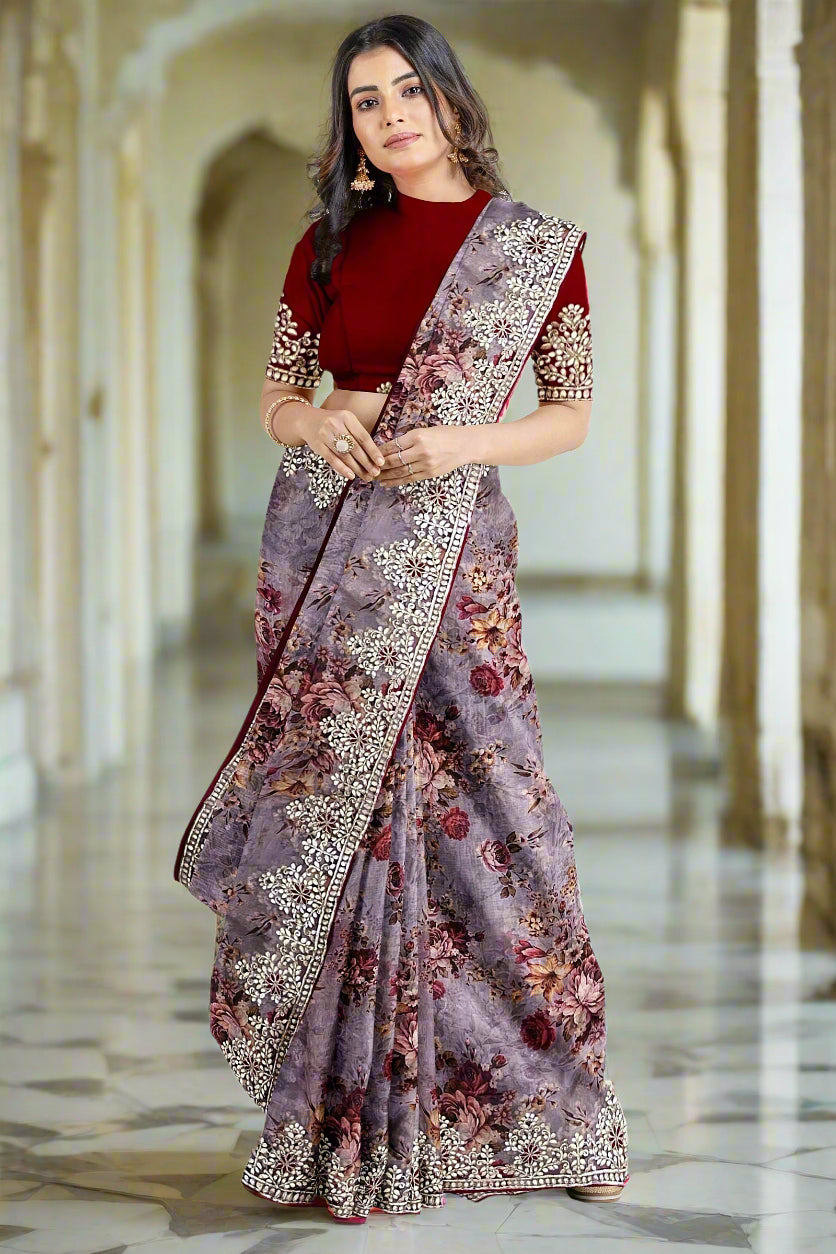 Krishna Tanna Floral Prints Saree with knitted floral embroidery on organza tissue - Purple