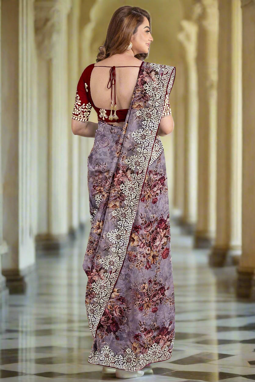 Krishna Tanna Floral Prints Saree with knitted floral embroidery on organza tissue - Purple