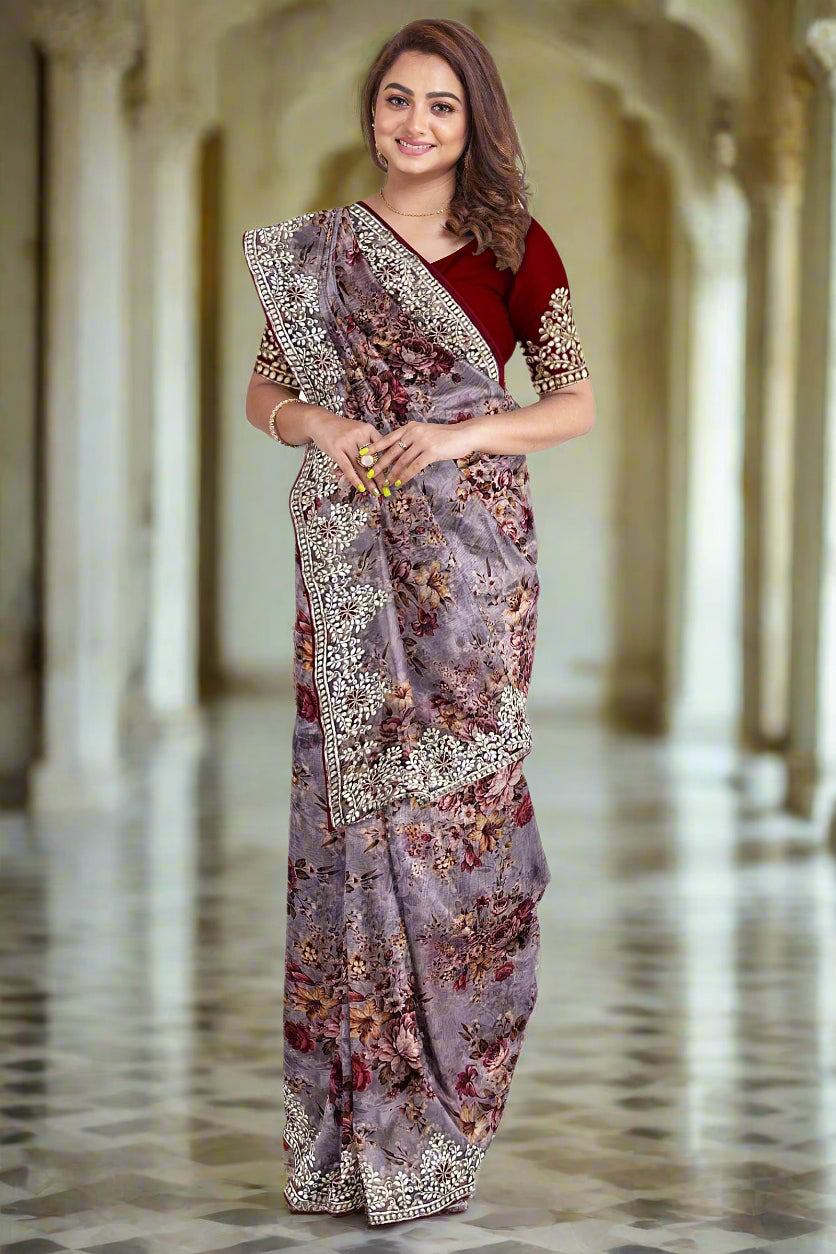 Krishna Tanna Floral Prints Saree with knitted floral embroidery on organza tissue - Purple
