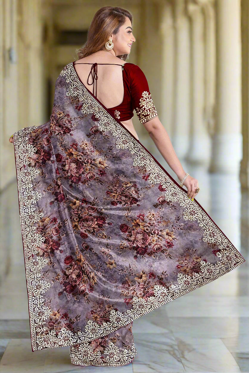 Krishna Tanna Floral Prints Saree with knitted floral embroidery on organza tissue - Purple