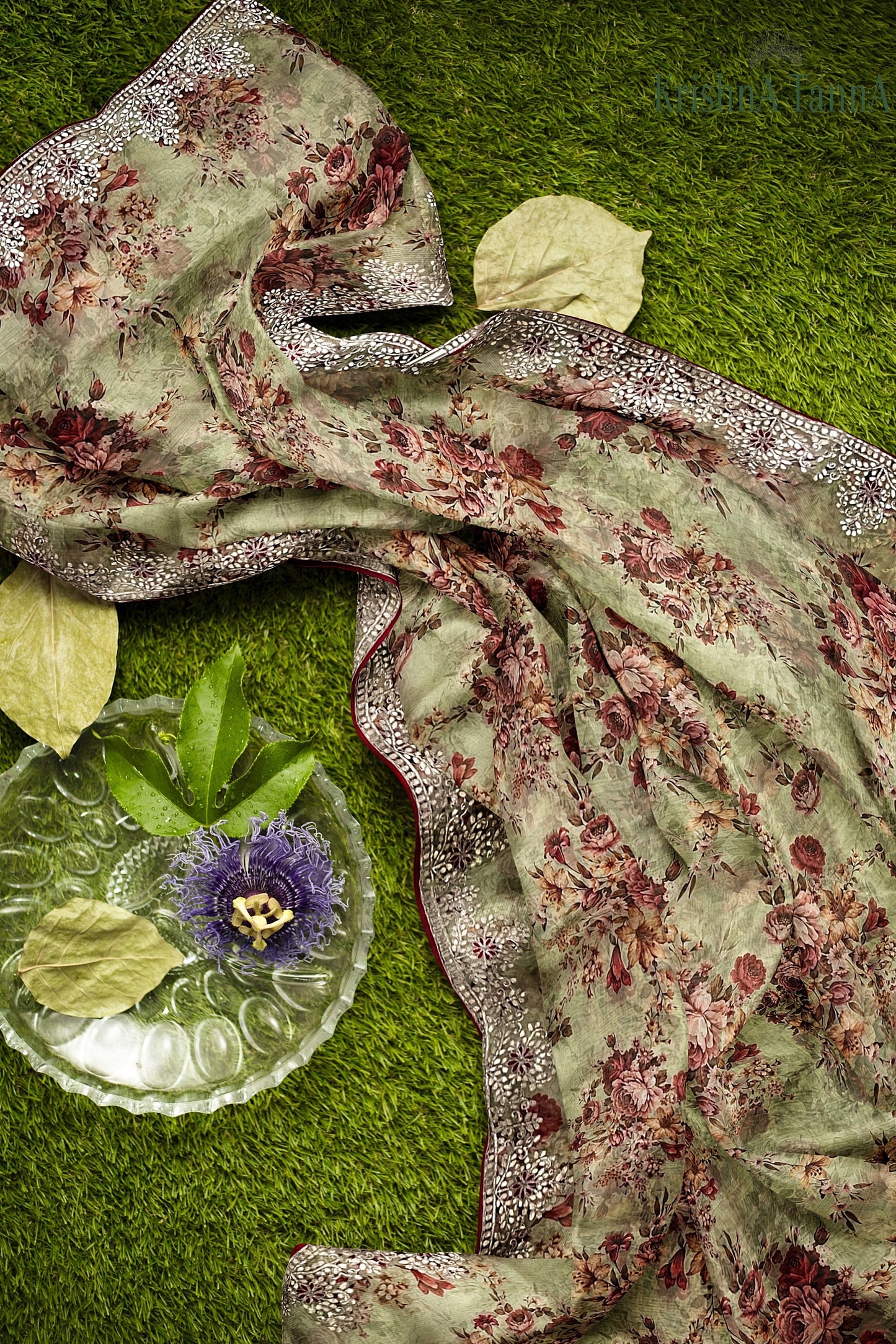 Krishna Tanna Floral Prints Saree with knitted floral embroidery on organza tissue - Green