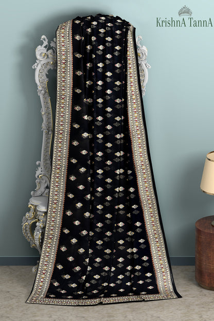 Krishna Tanna Knitted Gota Saree with knitted floral embroidery border on Blended Georgette (Black)