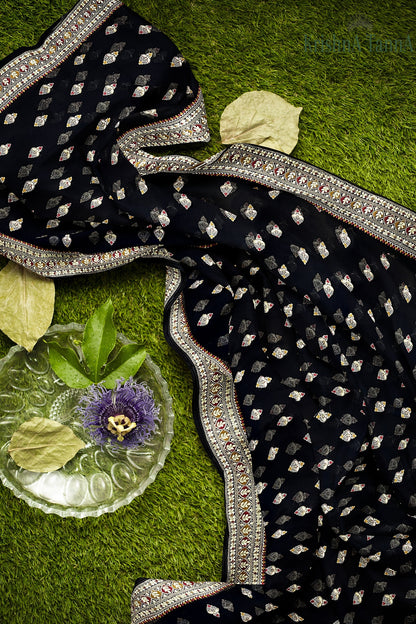 Krishna Tanna Knitted Gota Saree with knitted floral embroidery border on Blended Georgette (Black)