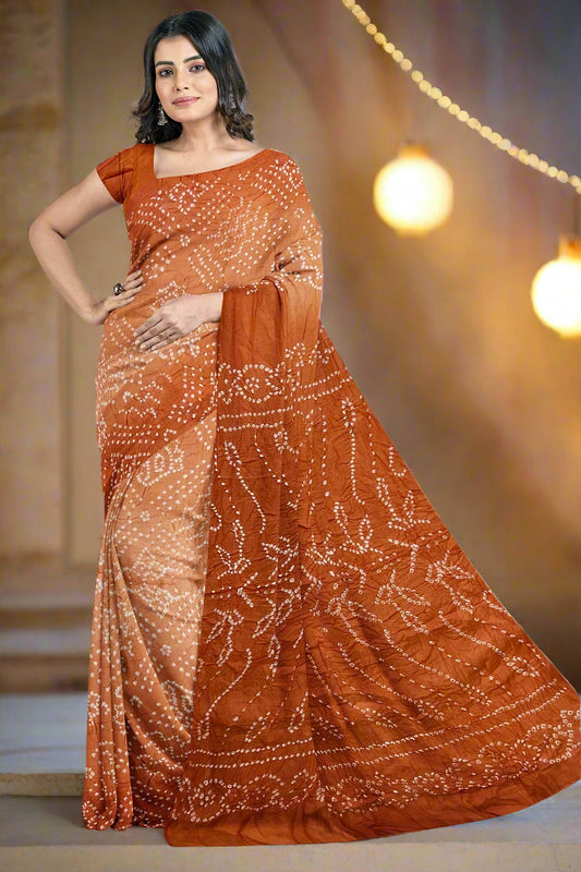 Krishna Tanna Traditional Indian Hand Weaved Cotton Orange Bandhani - Tye & Die Saree