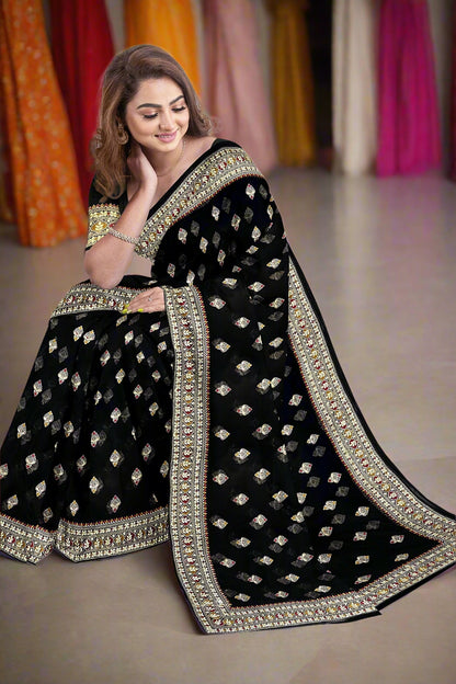 Krishna Tanna Knitted Gota Saree with knitted floral embroidery border on Blended Georgette (Black)