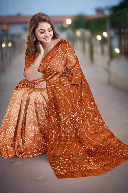 Krishna Tanna Traditional Indian Hand Weaved Cotton Orange Bandhani - Tye & Die Saree