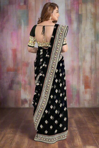 Krishna Tanna Knitted Gota Saree with knitted floral embroidery border on Blended Georgette (Black)