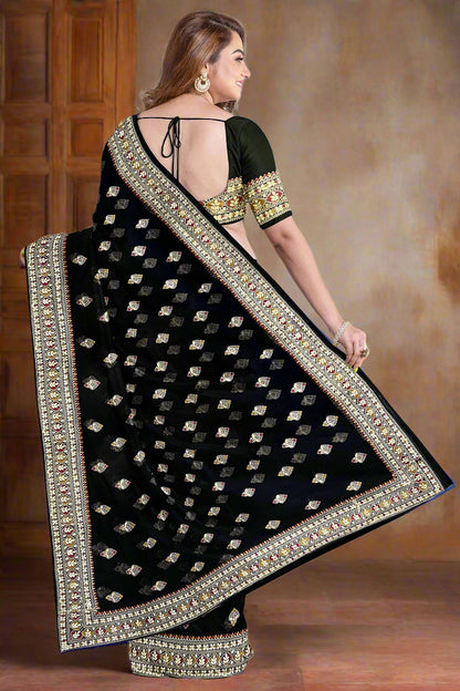 Krishna Tanna Knitted Gota Saree with knitted floral embroidery border on Blended Georgette (Black)