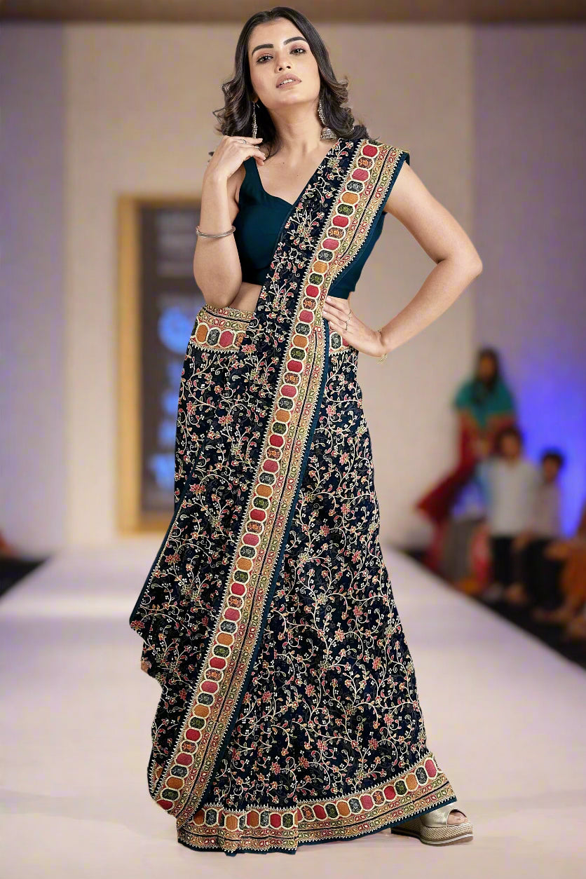 Krishna Tanna knitted floral pattern saree with colourful gota border on blended Georgette