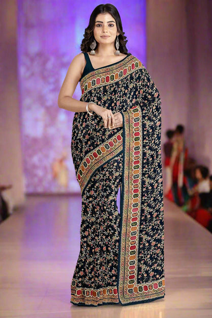 Krishna Tanna knitted floral pattern saree with colourful gota border on blended Georgette