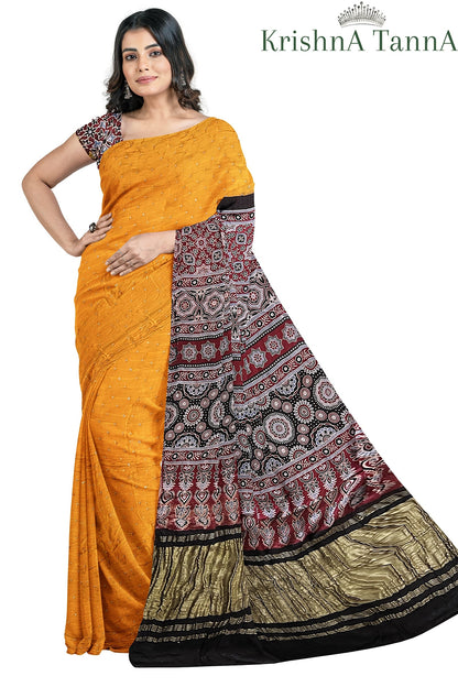 Krishna Tanna Hand Block Prints and organic colours Model Silk Ajrakh Bandhanee Saree