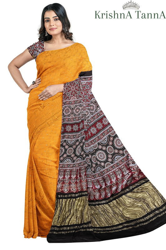 Krishna Tanna Hand Block Prints and organic colours Model Silk Ajrakh Bandhanee Saree