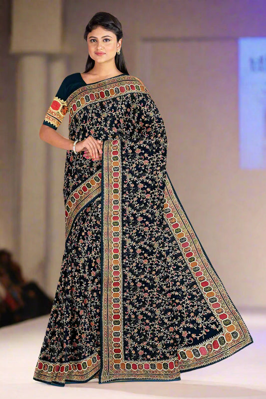 Krishna Tanna knitted floral pattern saree with colourful gota border on blended Georgette