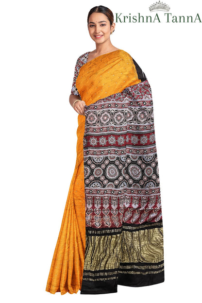 Krishna Tanna Hand Block Prints and organic colours Model Silk Ajrakh Bandhanee Saree