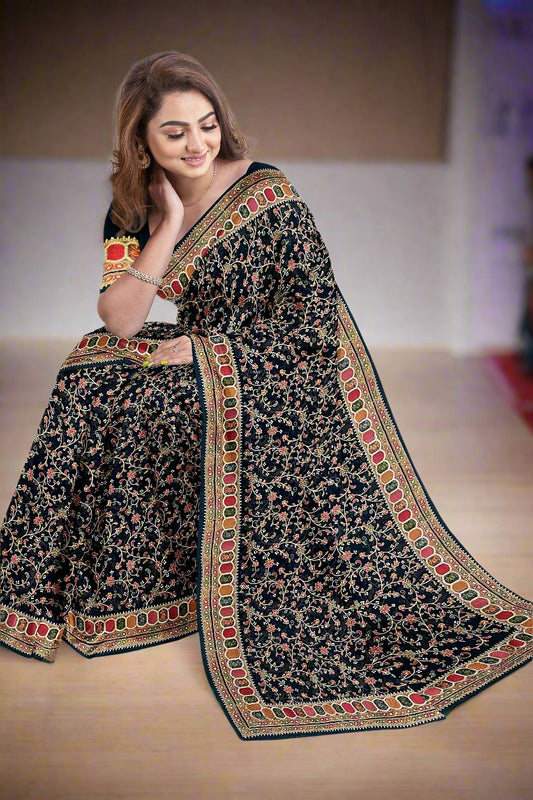 Krishna Tanna knitted floral pattern saree with colourful gota border on blended Georgette