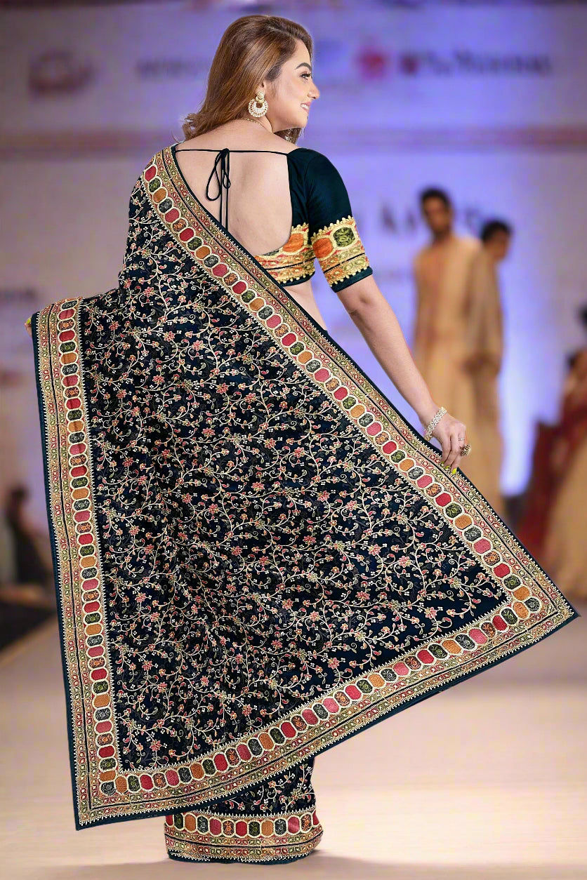 Krishna Tanna knitted floral pattern saree with colourful gota border on blended Georgette